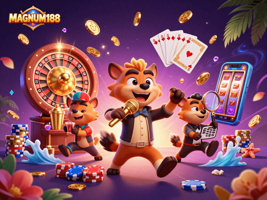 Experience the fun at MAGNUM188 with lively hyenas in a dynamic casino scene.