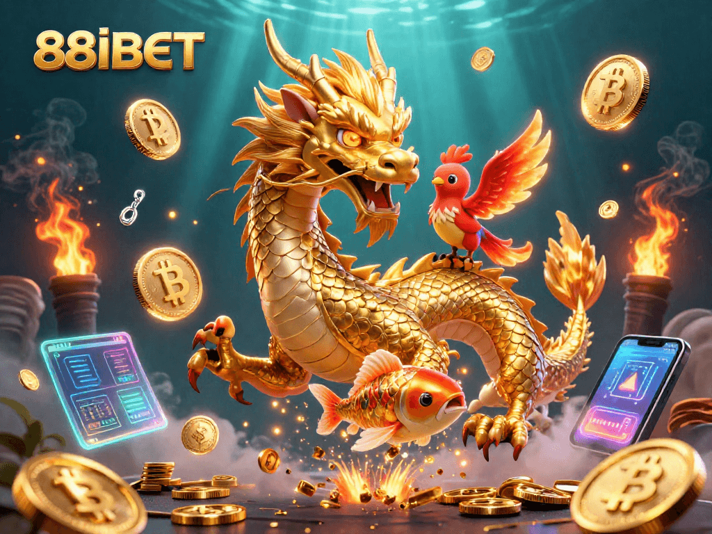 Engage in thrilling gaming experiences at 88IBET with a dynamic scene of a dragon, phoenix, and koi fish amidst dazzling coins.