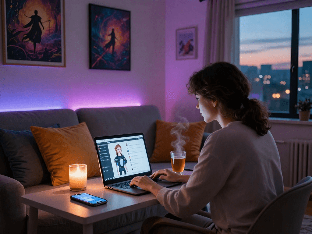 Engaging in a porn chat AI session in a cozy home setting, showcasing digital interaction.