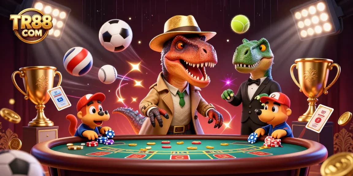 Experience thrilling gameplay with TR88 COM as cartoon dinosaurs navigate a bustling blackjack table.