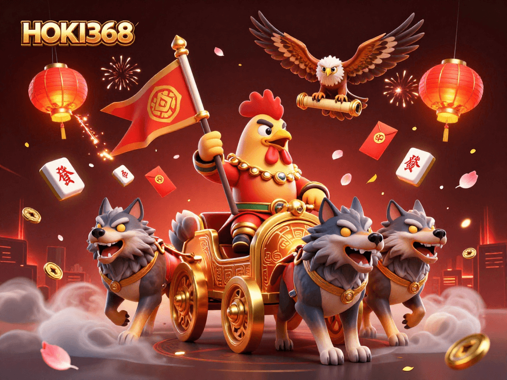 Experience the thrill of gaming at HOKI368 with a vivid casino scene featuring a rooster warlord and festive details.