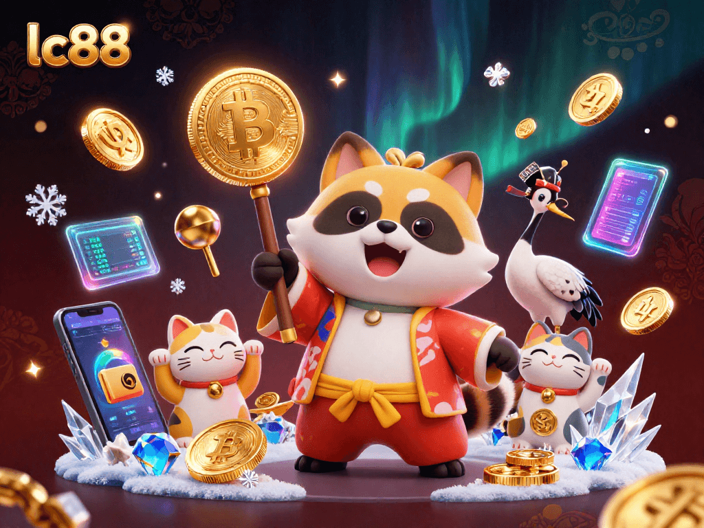 Experience thrilling gaming at lc88 with friendly tanuki and fortune cats amidst crypto coins.