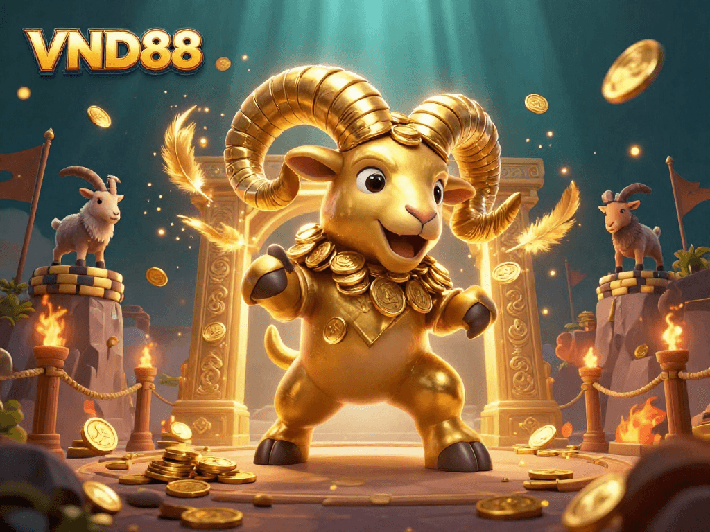 Engage with VND88's vibrant gambling world through a stunning 3D scene of a golden ram charging through a lavish arena.