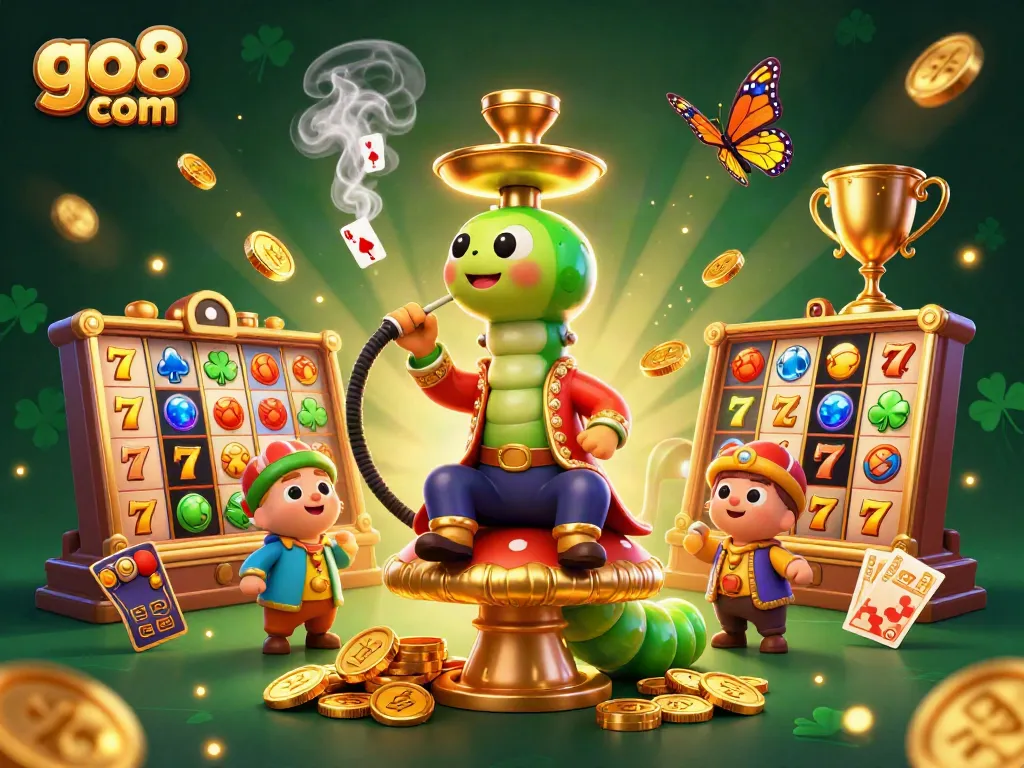 Experience the thrills at go8 com with vibrant slot reels and a whimsical hookah-master character.