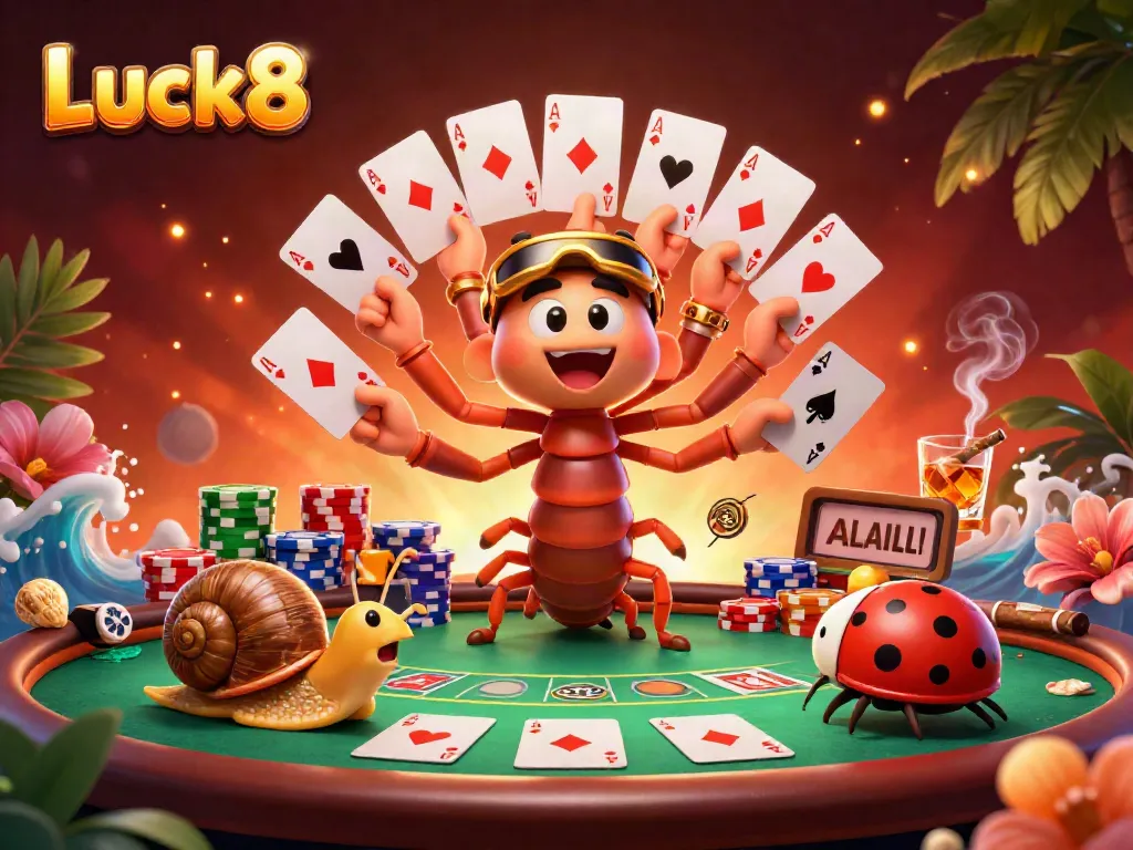 Experience the vibrant atmosphere of Luck8 with a dynamic 3D illustration showcasing a quirky dealer and excited high-rollers.