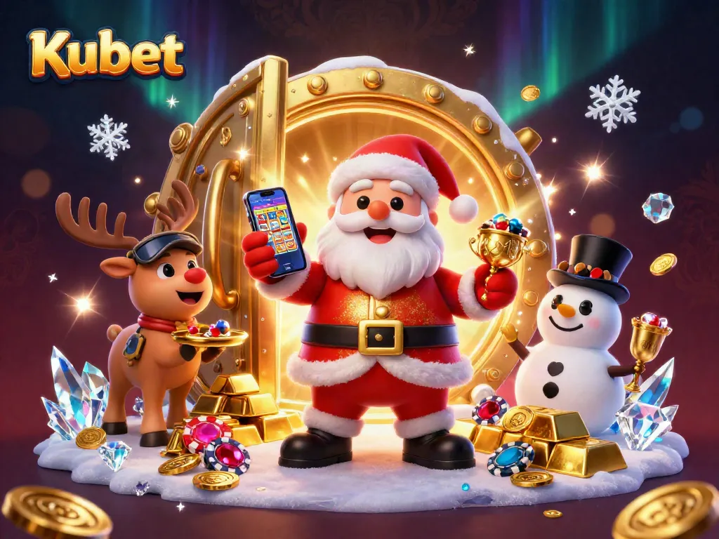 Kubet illustration with Santa, reindeer, and snowman celebrating casino jackpots and riches