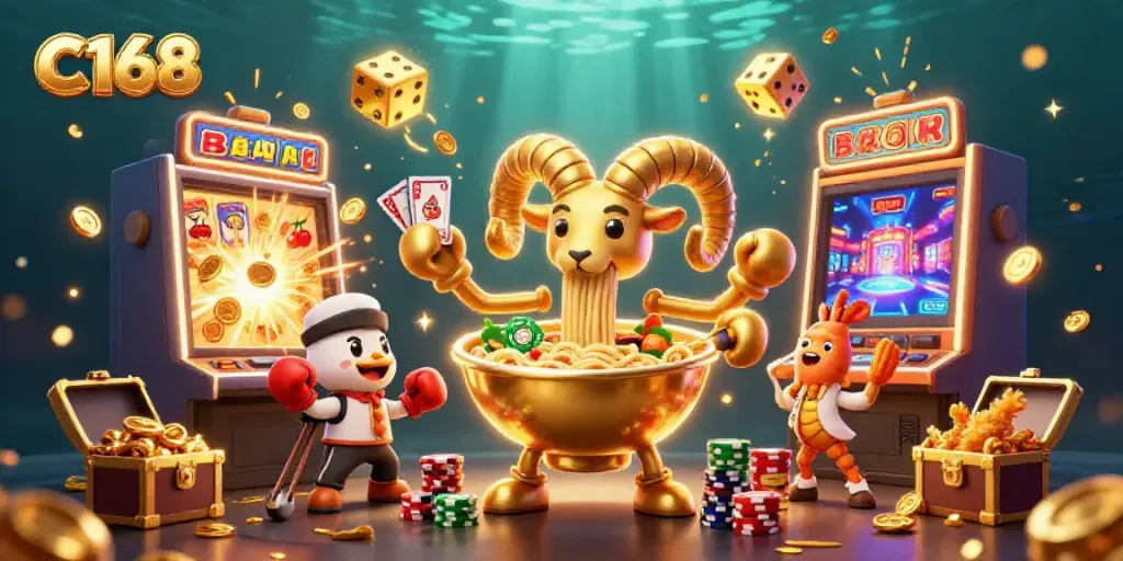 Engage with C168 at a vibrant casino scene featuring lively characters and game elements.