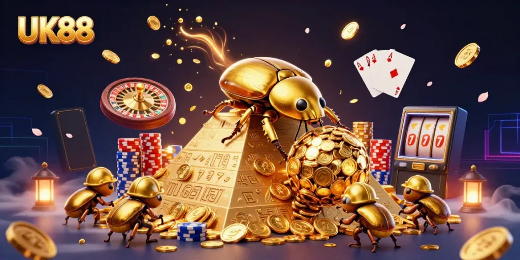 Experience the excitement of UK88 with vibrant casino-themed characters and elements in a colorful scene.