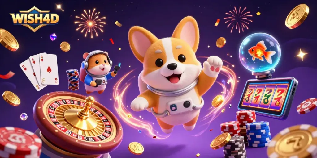 WISH4D welcomes players with a vibrant space casino scene featuring a floating corgi and dazzling casino elements.