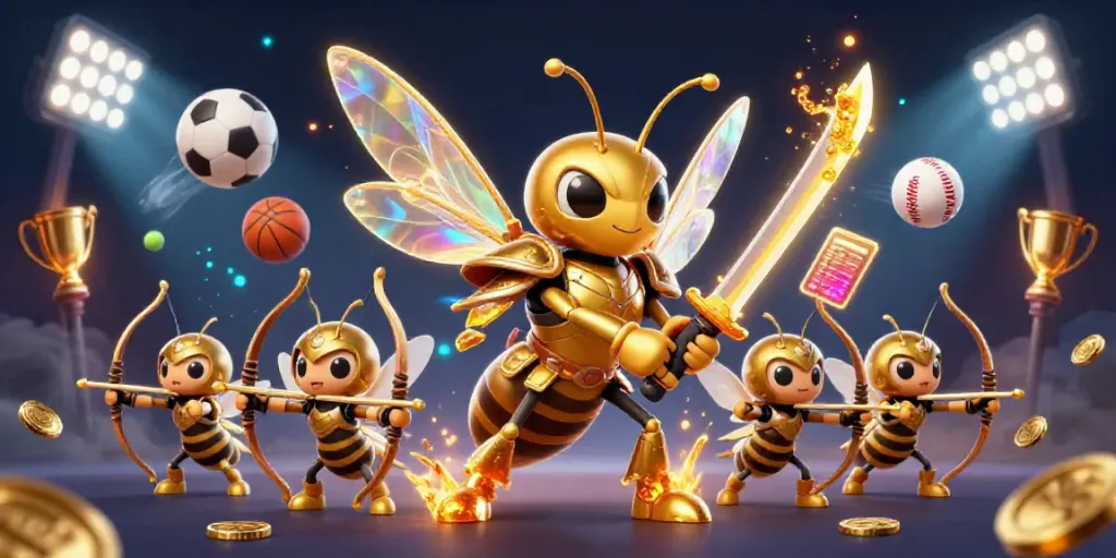 Engage in thrilling gameplay at 888b with a dynamic scene of a golden hornet samurai and sports elements.