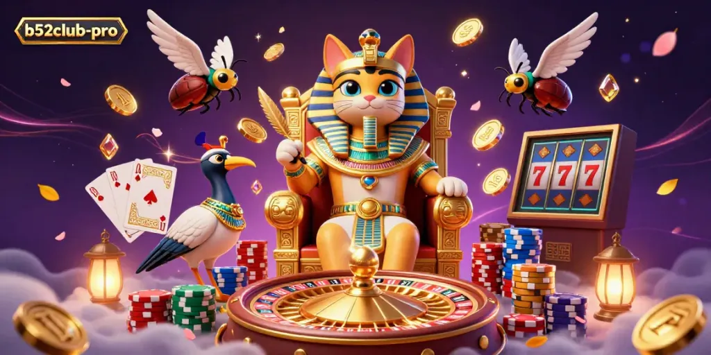 Experience excitement at b52club-pro with a dynamic casino scene featuring an Egyptian pharaoh cat amidst golden treasures.