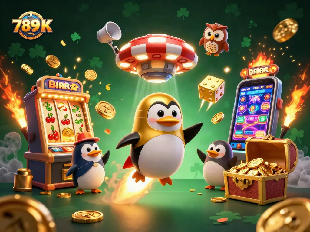 Experience the thrill of gaming with 789 K's dazzling casino visuals featuring gold coins and slot machines.