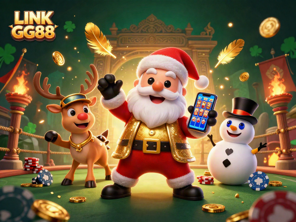 Experience thrilling gameplay with LINK GG88 as Santa, a reindeer dealer, and a poker chip snowman in a casino scene.