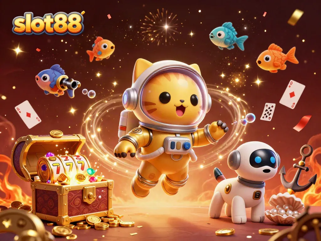 Experience the thrill of slot88 with a vibrant cosmic scene featuring a floating astronaut cat and treasures.