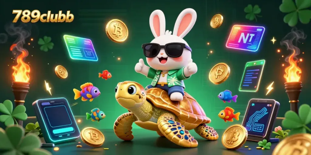 Experience vibrant gameplay at 789clubb with an adorable lucky rabbit embracing fun in a dynamic casino scene.