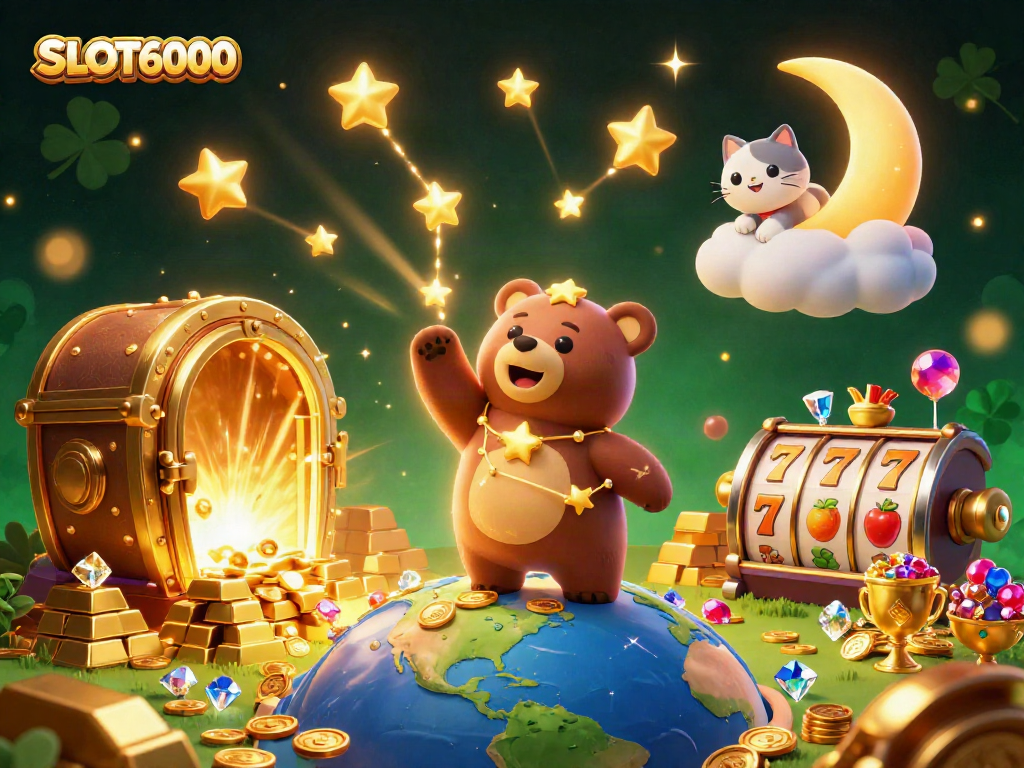 SLOT6000 features a constellation bear and a crescent moon cat amidst a vivid casino scene igniting excitement.