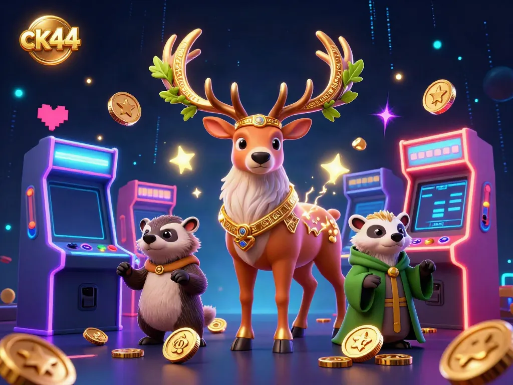 Experience exciting gaming action with ck44, featuring a druid stag and badger in a vibrant 3D casino scene.
