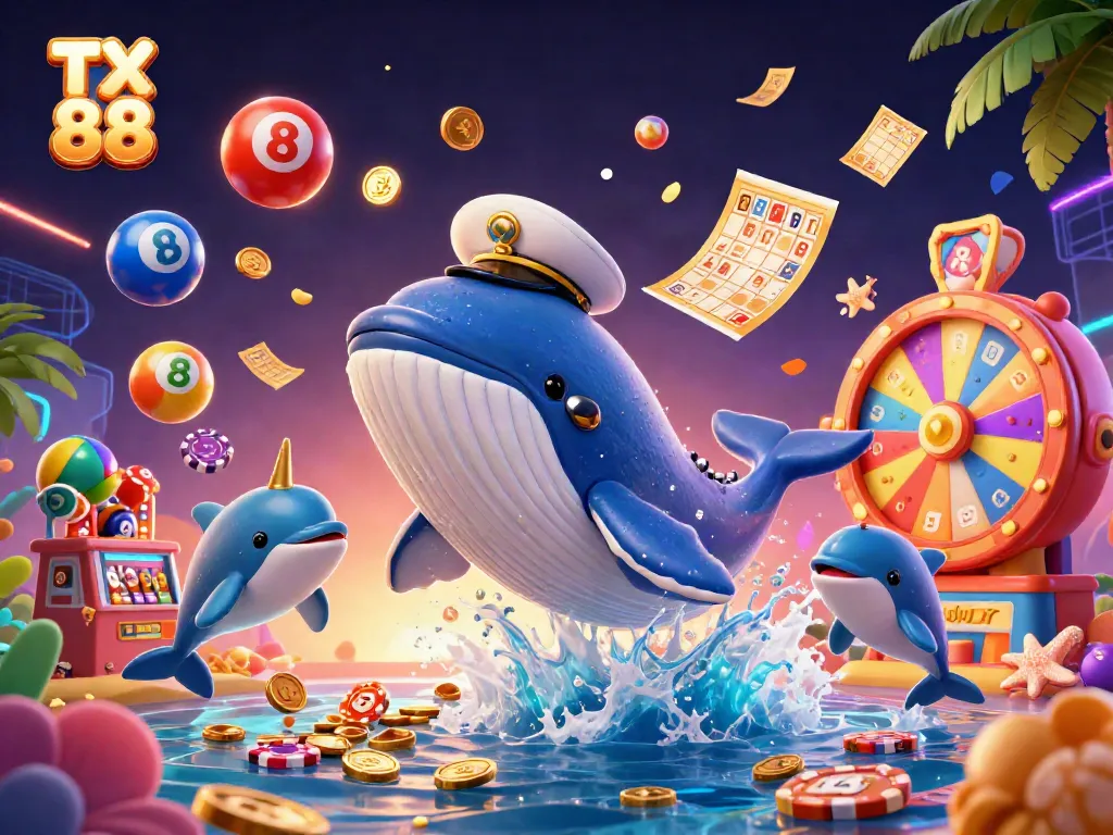 Engaging TX 88 scene with a cartoon whale, narwhal, and dolphins surrounded by casino elements.