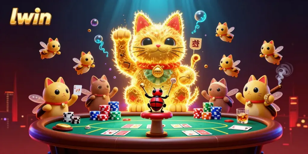 Experience the thrill of llwin’s casino games featuring a lucky cat and poker elements in a vibrant scene.