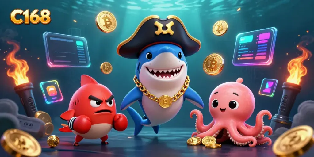 Experience C168's thrilling underwater casino adventure with vibrant 3D characters and glowing crypto elements.