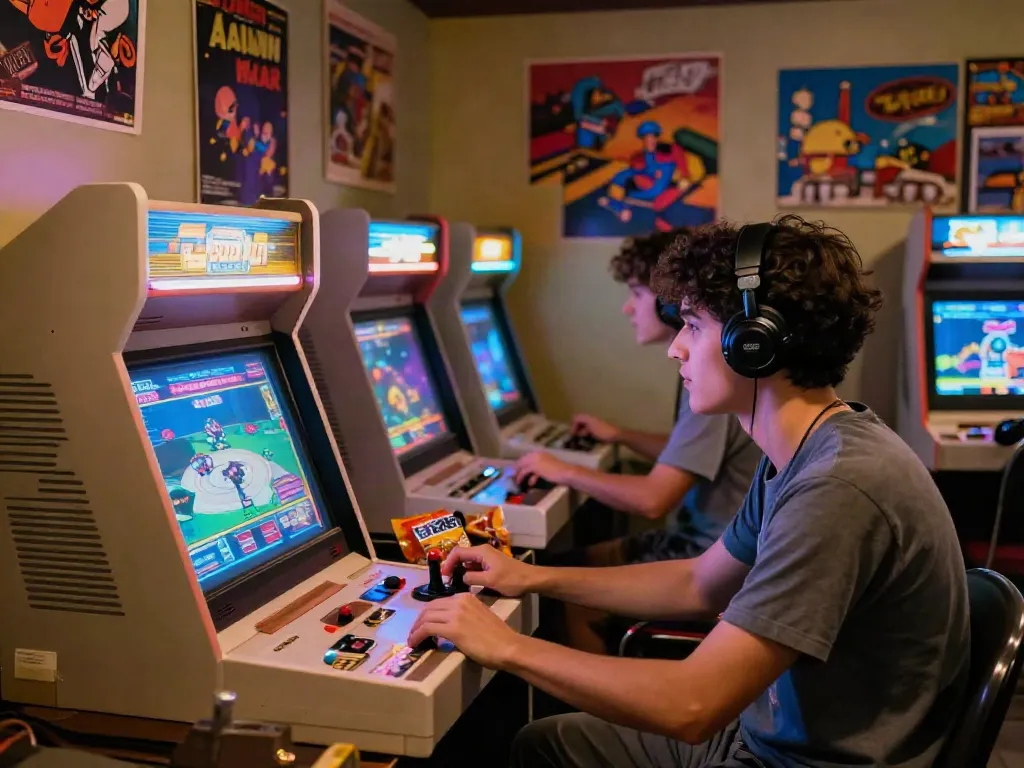 Pecah404 nostalgic gaming scene with a gamer enjoying classic arcade games.