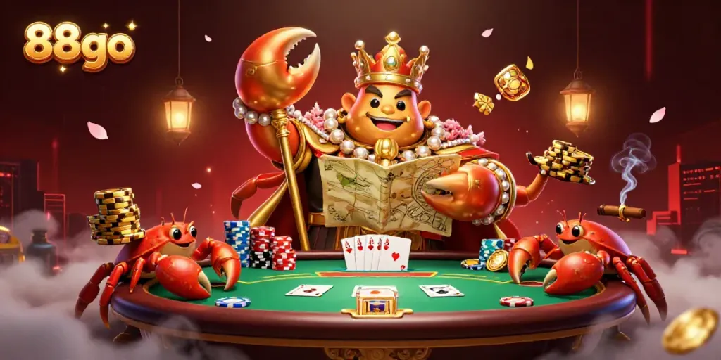 Engage in the thrilling world of 88go with a colorful poker scene featuring a golden crab emperor and vibrant game elements.