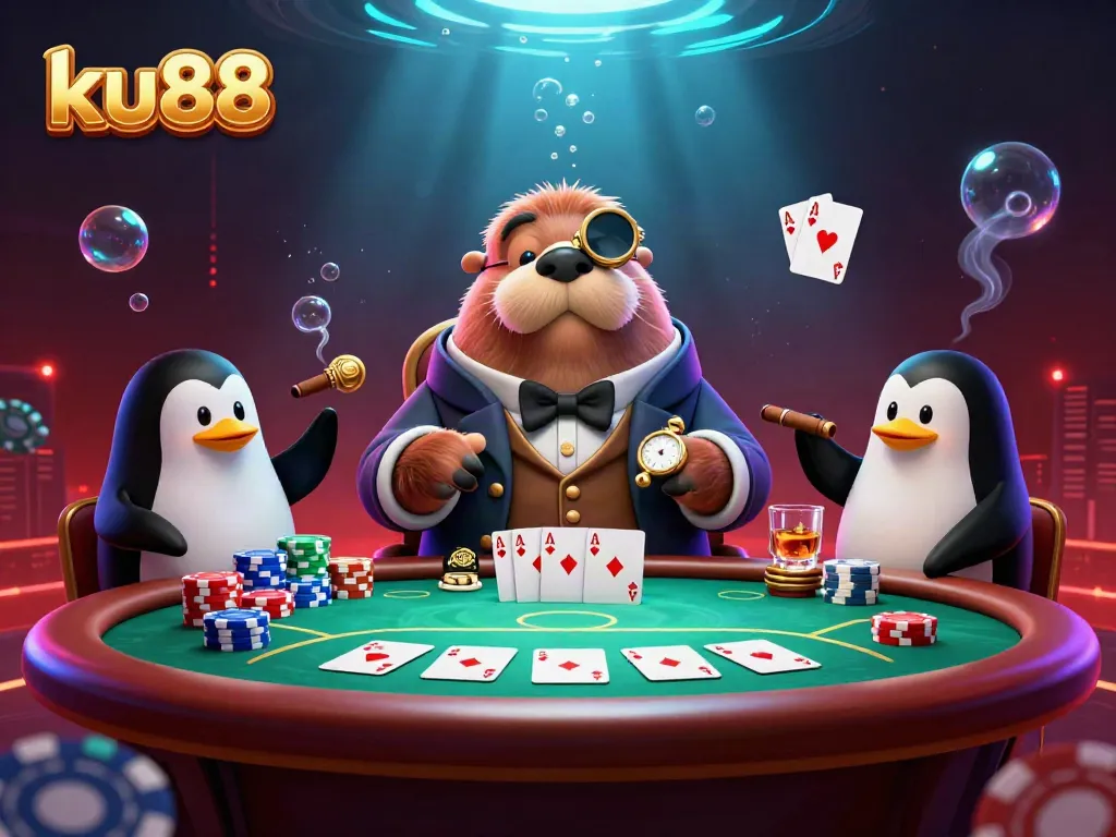 Experience thrilling poker with ku88's jolly walrus and friends in a vibrant underwater setting.