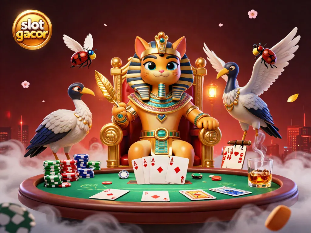 Engage with the slot gacor experience through a vibrant, interactive casino scene featuring a pharaoh cat and poker elements.