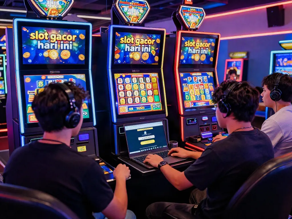Interactive gaming scene showing players at digital slot machines looking for slot gacor hari ini winning opportunities.