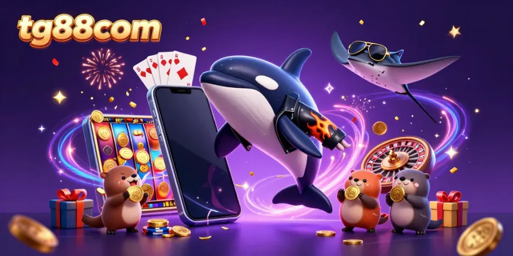 Experience thrilling gameplay with tg88com's dynamic characters amidst a colorful casino backdrop.
