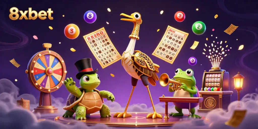 Experience the excitement of 8xbet with vibrant lottery elements and charming 3D characters.