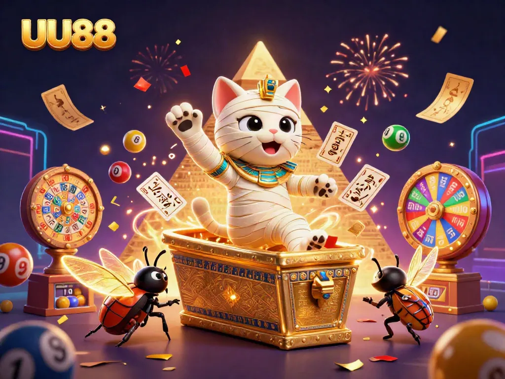 UU88 captivates players with vibrant illustrations of a 3D mummy cat in a pyramid casino bursting with symbols and excitement.