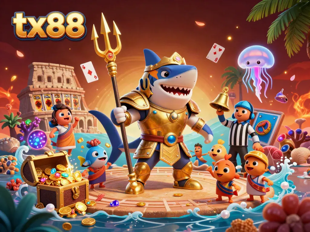 Engage with tx88's thrilling underwater casino scene featuring a tiger shark champion amidst gold and gems.
