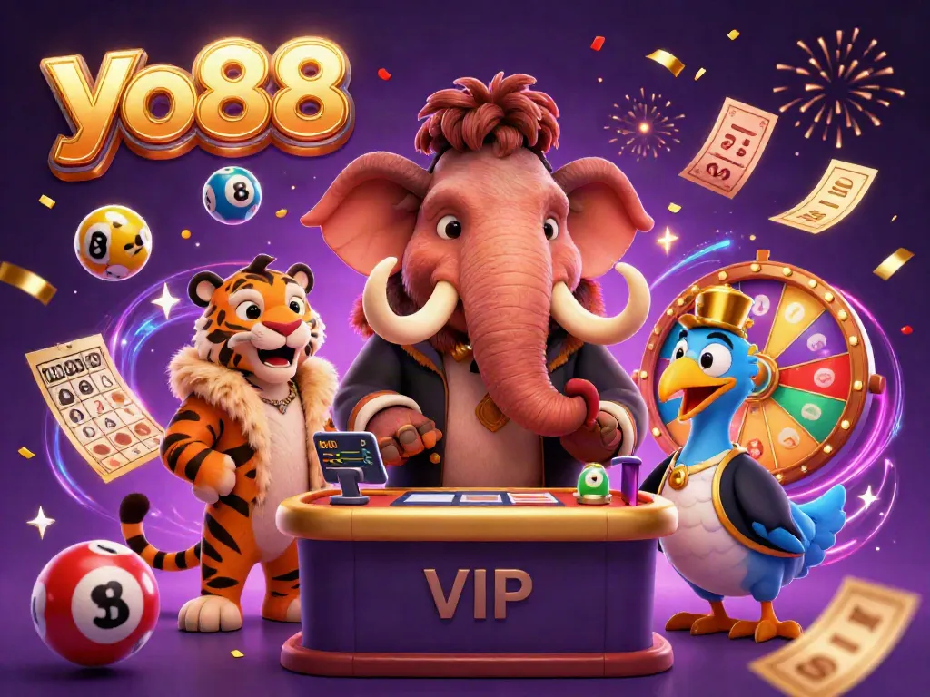 Engage in exciting games at yo88 with vibrant lottery balls and dynamic casino characters.