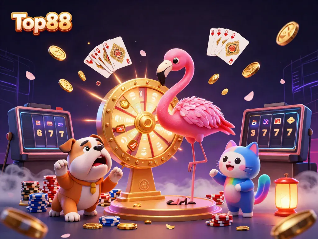 Spin the wheel of fortune at Top88, featuring exciting characters and dazzling casino elements.