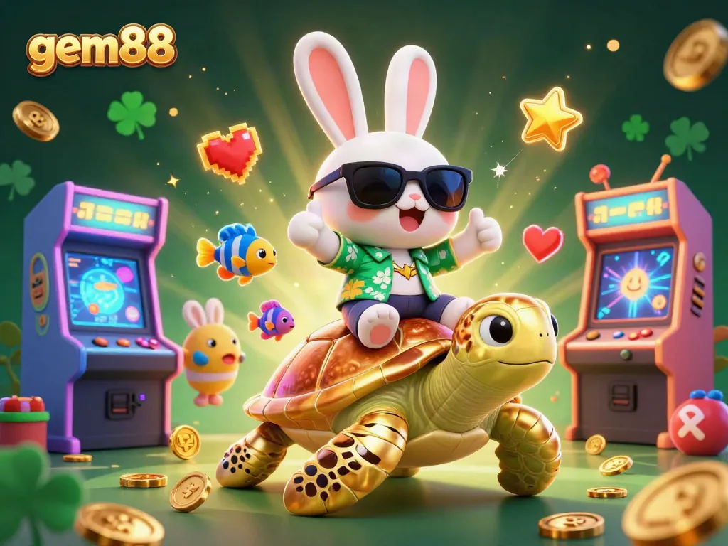 Engage in thrilling gameplay at gem88, with a lucky rabbit and golden turtle amidst rich casino elements.