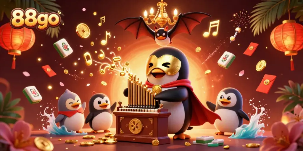 Experience 88go excitement with a cartoon penguin and golden coins in this vibrant casino scene.