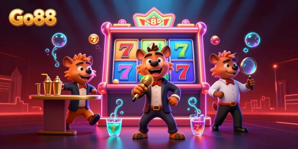 Enter the vibrant world of Go88 with animated hyenas showcasing a lively casino atmosphere.