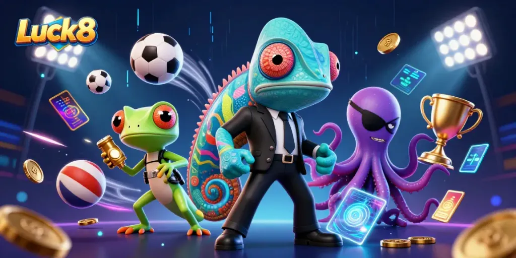 Experience the excitement of Luck8 with vibrant gaming scenes featuring a secret agent chameleon and sports elements.
