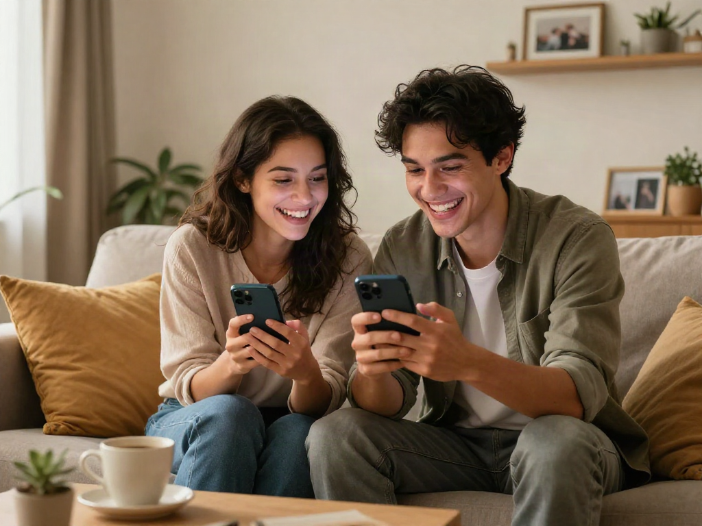 Couple engaged in ai sexting on smartphones in a cozy space