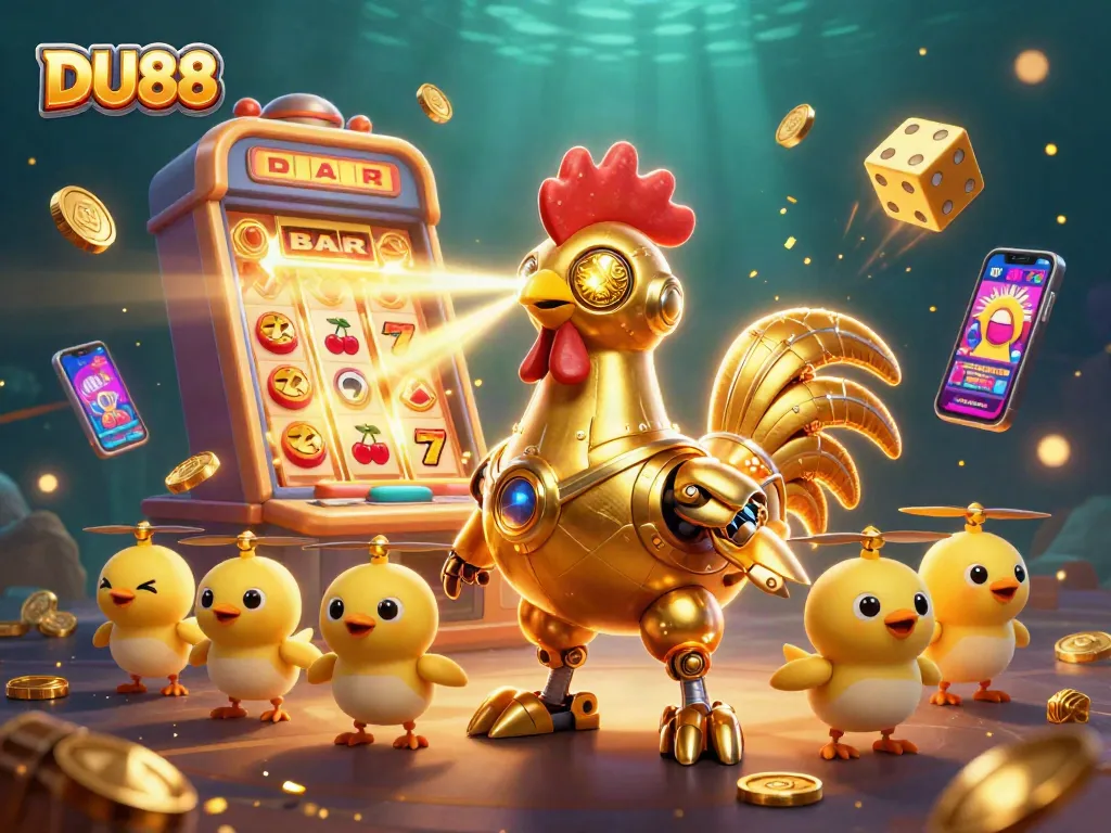 Engage with DU88's vibrant casino scene featuring golden rooster robot and jackpots.