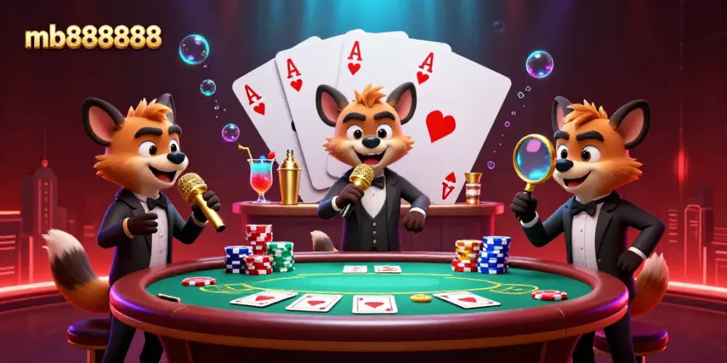 Experience the vibrant scene of mb888888 with hyenas in a bustling casino club, mixing drinks and sharing laughs.