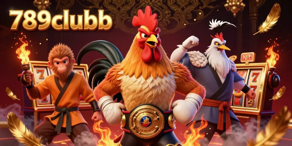 Engage with the exciting gaming scene at 789clubb featuring a Muay Thai rooster, Shaolin monkey, and wise crane master in a bustling casino.