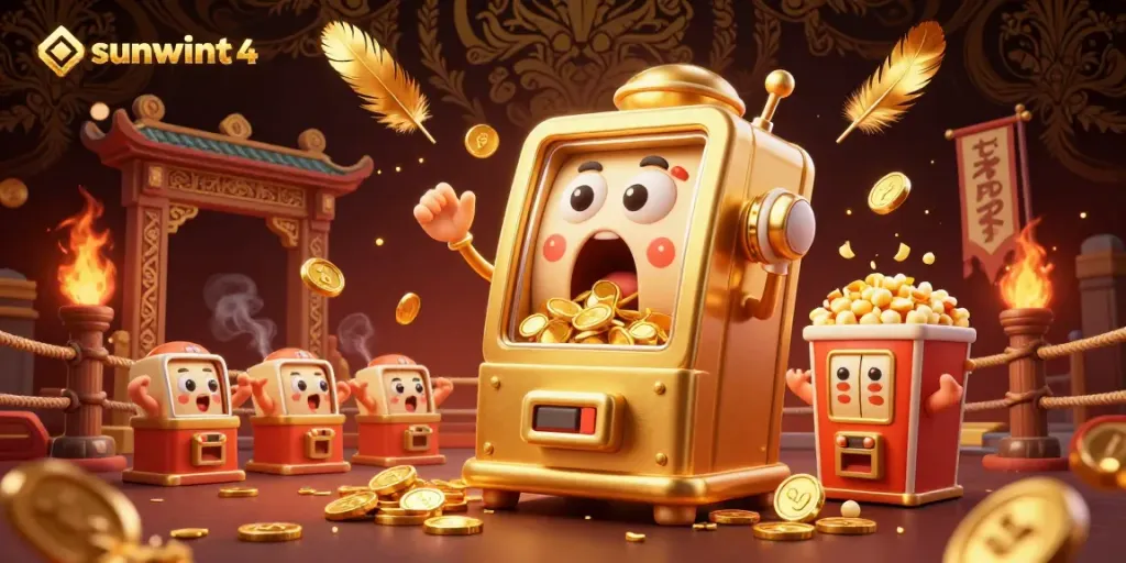 Experience thrills with the sunwint4 golden slot machine hitting a jackpot amidst gold coins and particles.