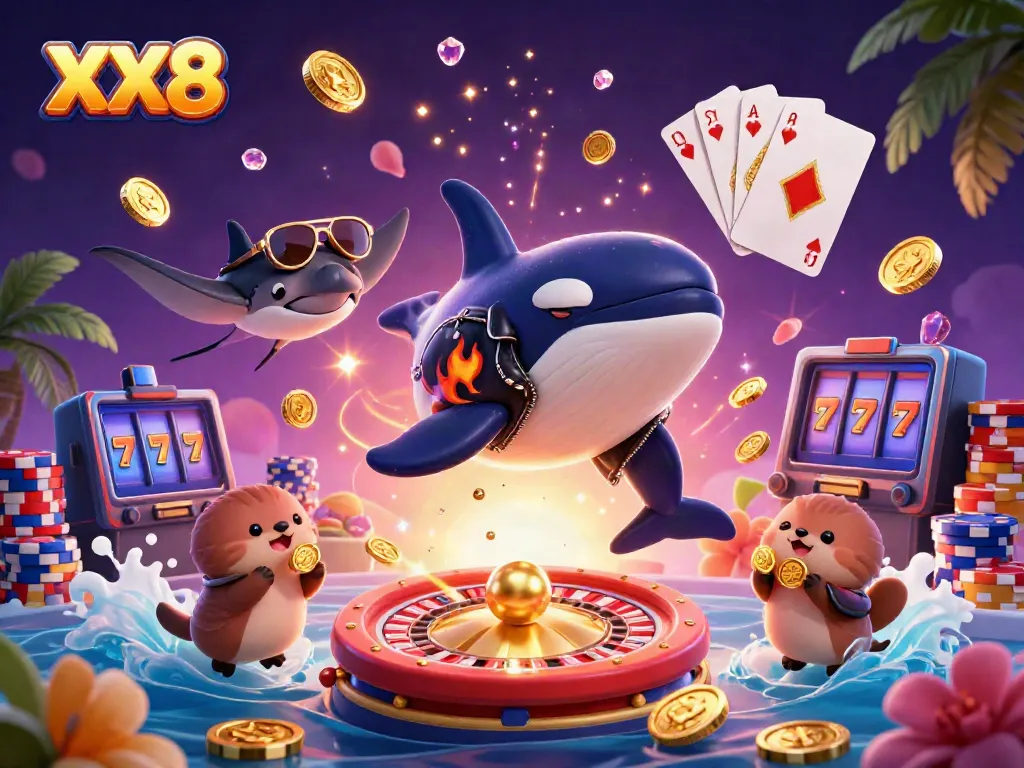 Experience the thrill of XX8 with a vibrant casino scene featuring playful sea creatures and sparkling elements.