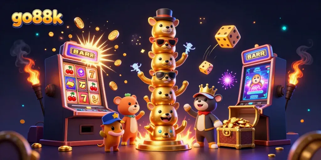 Experience go88k's thrilling casino atmosphere with vibrant 3D illustrations of exciting game elements.