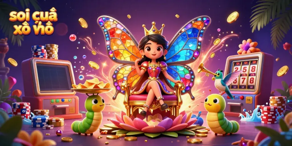 Experience excitement with a vibrant illustration of soi cầu xổ số featuring a butterfly queen, poker chips, and a lottery machine.