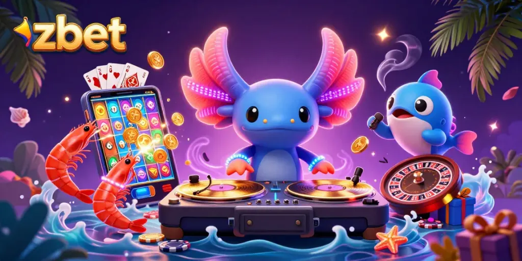 Win big with zbet's exciting 3D digital gaming illustration showcasing vibrant casino action.