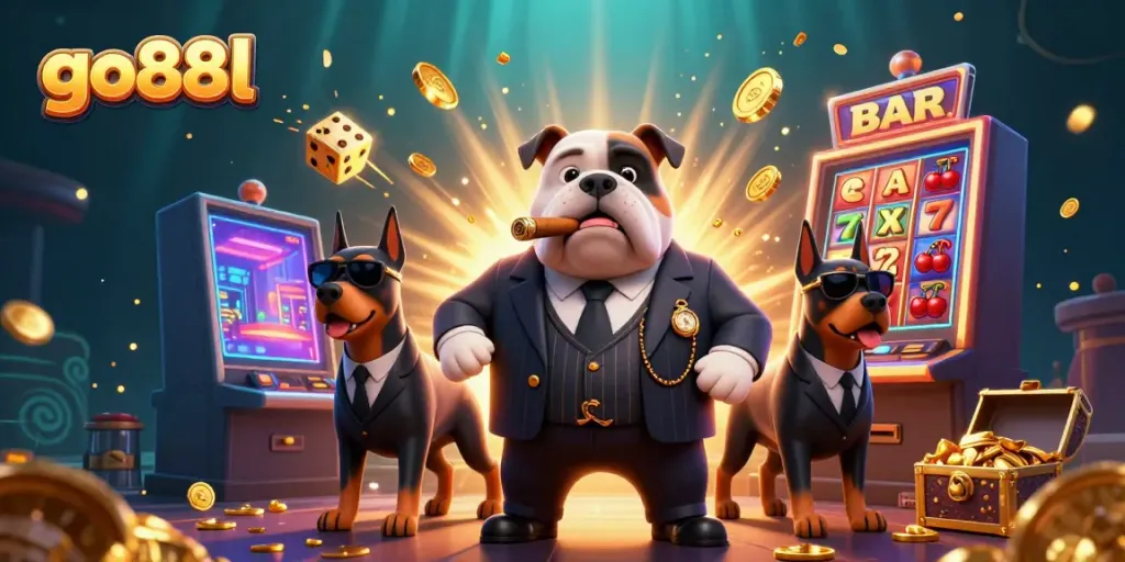 Experience thrilling wins at go88l with our dynamic casino scene featuring a winning mafia bulldog and jackpot excitement.