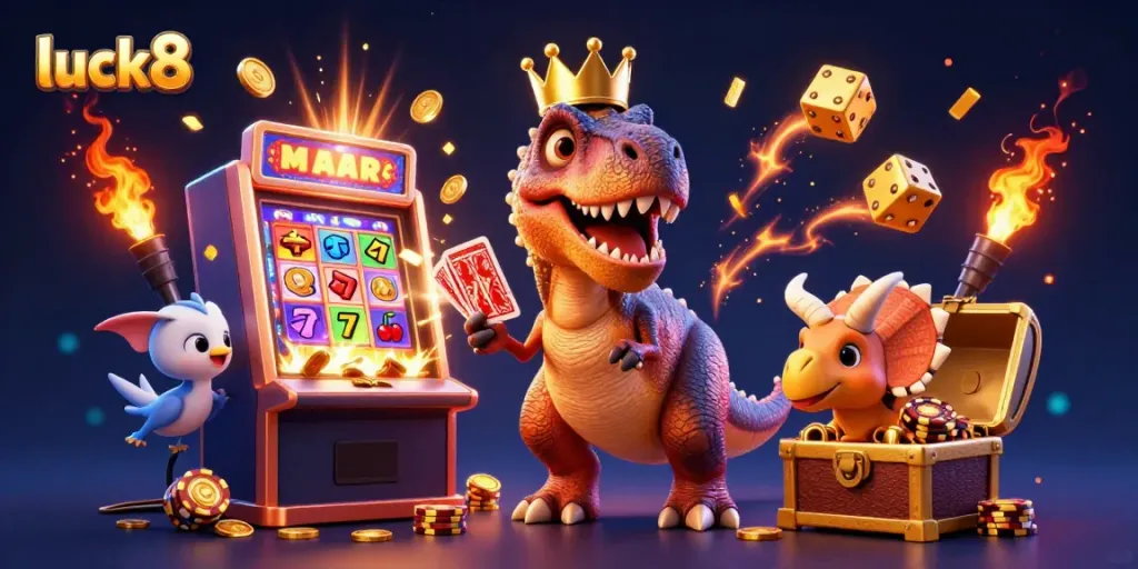 Experience luck8 with a vibrant 3D casino scene featuring T-Rex, pterodactyl, and triceratops amidst a jackpot explosion.
